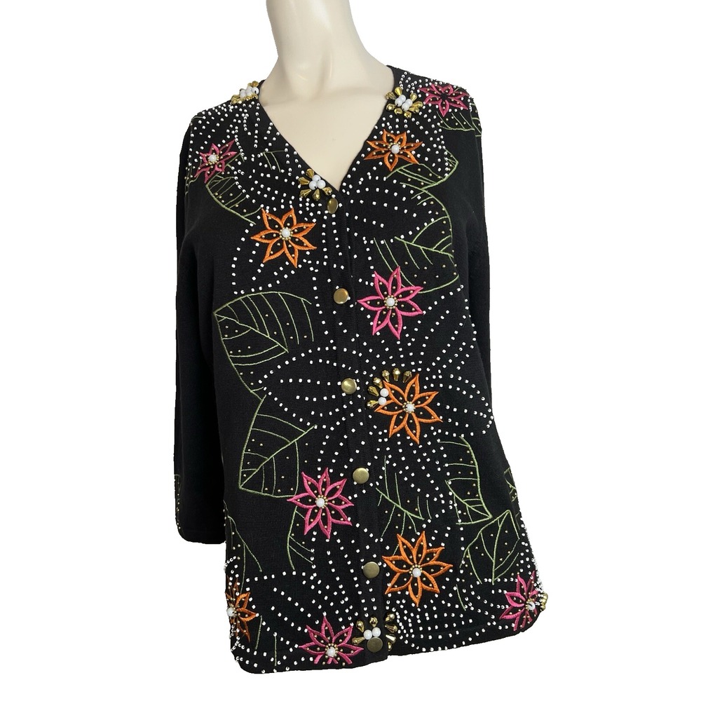 Jack B. Quick Cardigan Sweater Embroidered Beaded size Medium Vintage